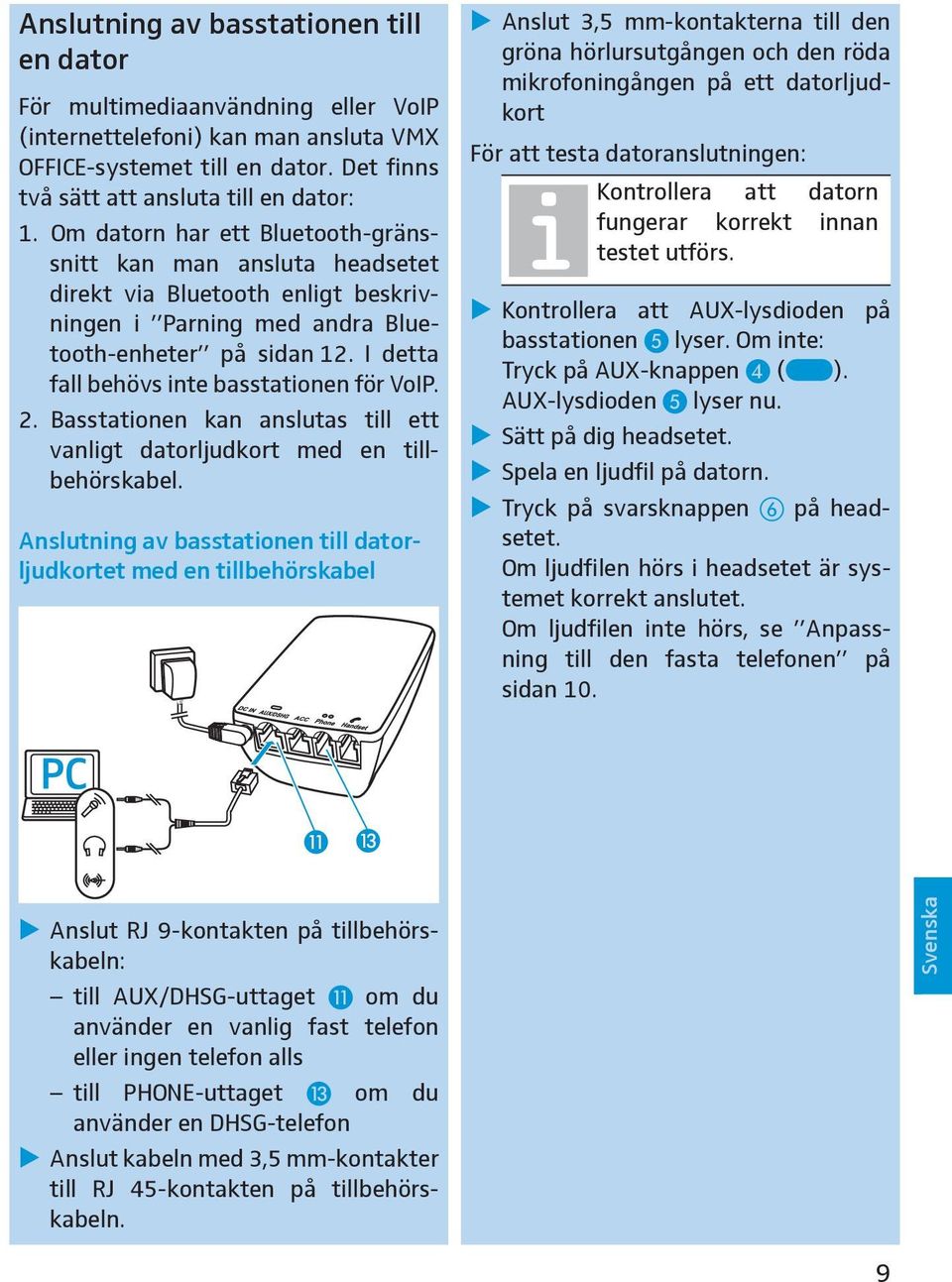 I detta fall behövs inte basstationen för VoIP. 2. Basstationen kan anslutas till ett vanligt datorljudkort med en tillbehörskabel.