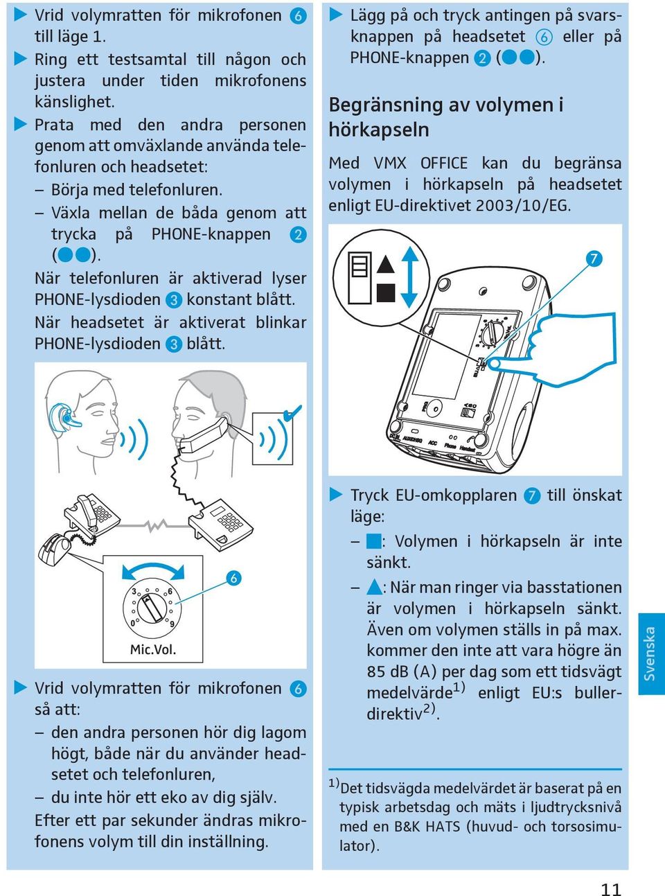 När telefonluren är aktiverad lyser PHONE-lysdioden konstant blått. När headsetet är aktiverat blinkar PHONE-lysdioden blått.