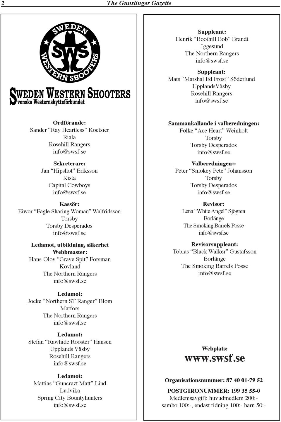 se Kassör: Eiwor Eagle Sharing Woman Walfridsson Torsby Torsby Desperados info@swsf.se Ledamot, utbildning, säkerhet Webbmaster: Hans-Olov Grave Spit Forsman Kovland The Northern Rangers info@swsf.