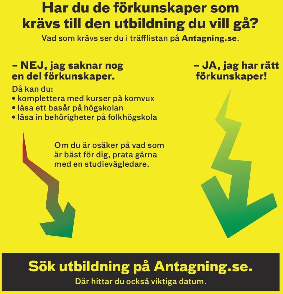 Då kan du: komplettera med kurser på komvux läsa ett basår på högskolan läsa in behörigheter på folkhögskola