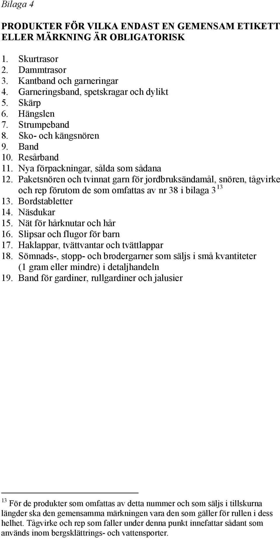 Paketsnören och tvinnat garn för jordbruksändamål, snören, tågvirke och rep förutom de som omfattas av nr 38 i bilaga 3 13 13. Bordstabletter 14. Näsdukar 15. Nät för hårknutar och hår 16.