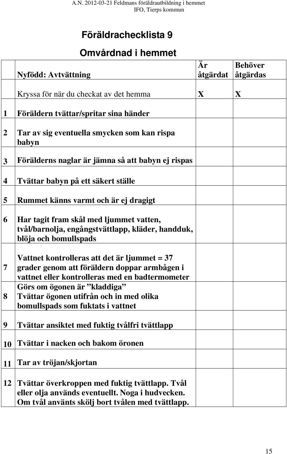 blöja och bomullspads 7 8 Vattnet kontrolleras att det är ljummet = 37 grader genom att föräldern doppar armbågen i vattnet eller kontrolleras med en badtermometer Görs om ögonen är kladdiga Tvättar