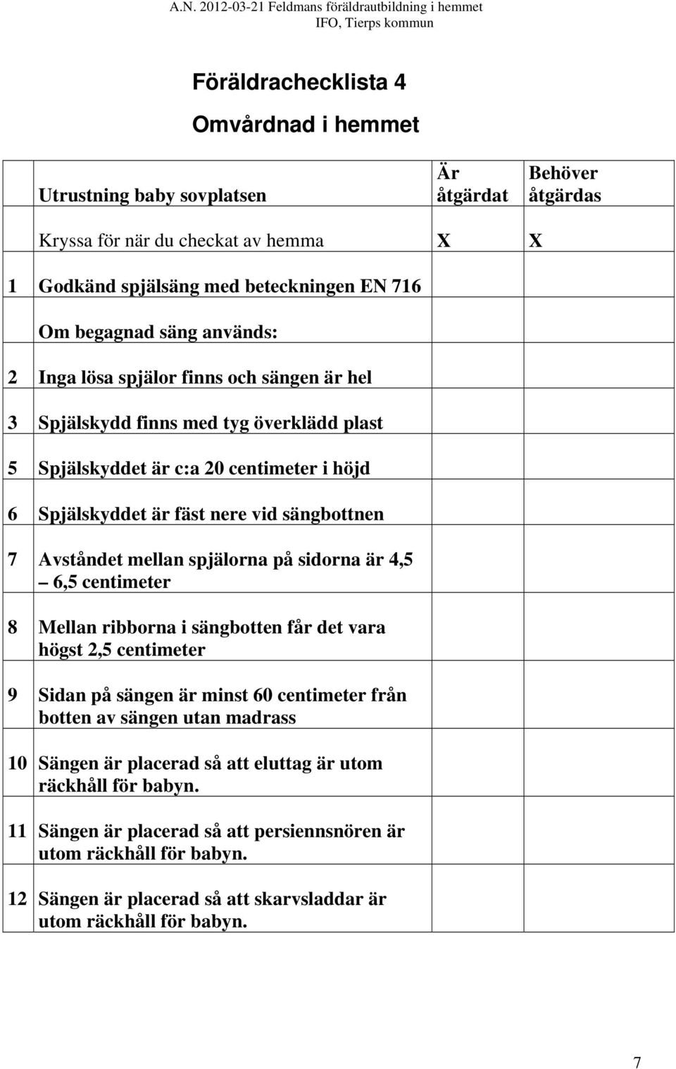 sidorna är 4,5 6,5 centimeter 8 Mellan ribborna i sängbotten får det vara högst 2,5 centimeter 9 Sidan på sängen är minst 60 centimeter från botten av sängen utan madrass 10 Sängen är