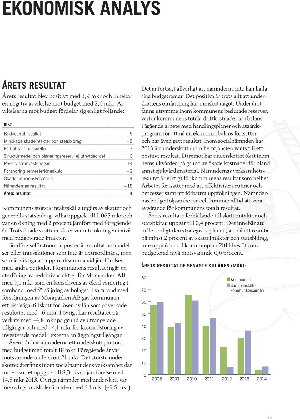 del 6 Reserv för investeringar 14 Förändring semesterlöneskuld 2 Ökade pensionskostnader 4 Nämndernas resultat 18 Årets resultat 4 Kommunens största intäktskälla utgörs av skatter och generella