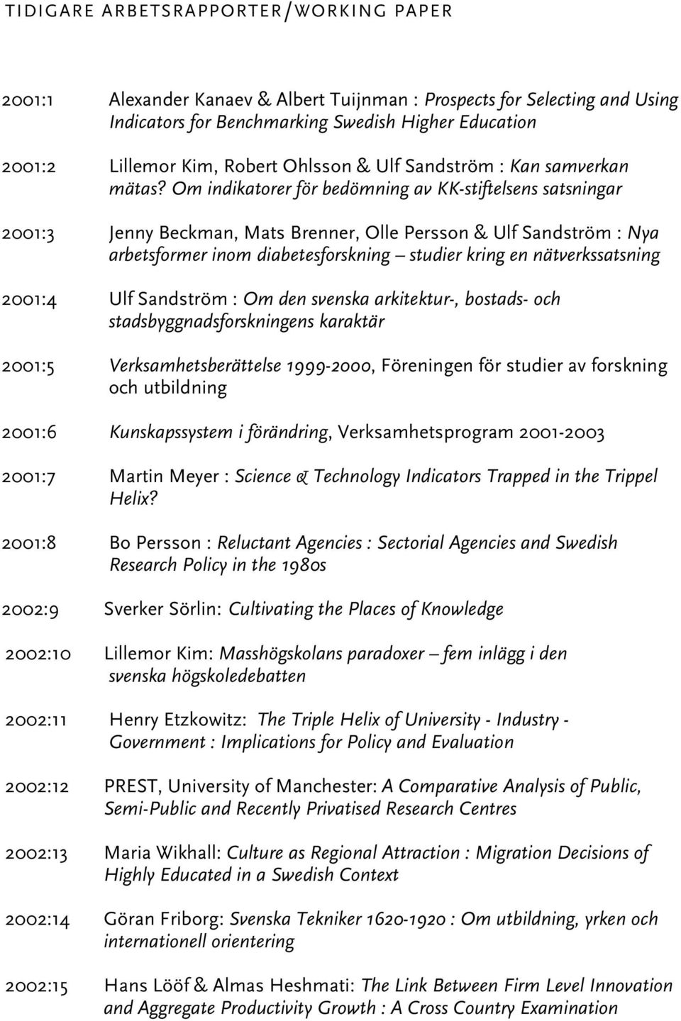 Om indikatorer för bedömning av KK-stiftelsens satsningar 2001:3 Jenny Beckman, Mats Brenner, Olle Persson & Ulf Sandström : Nya arbetsformer inom diabetesforskning studier kring en nätverkssatsning