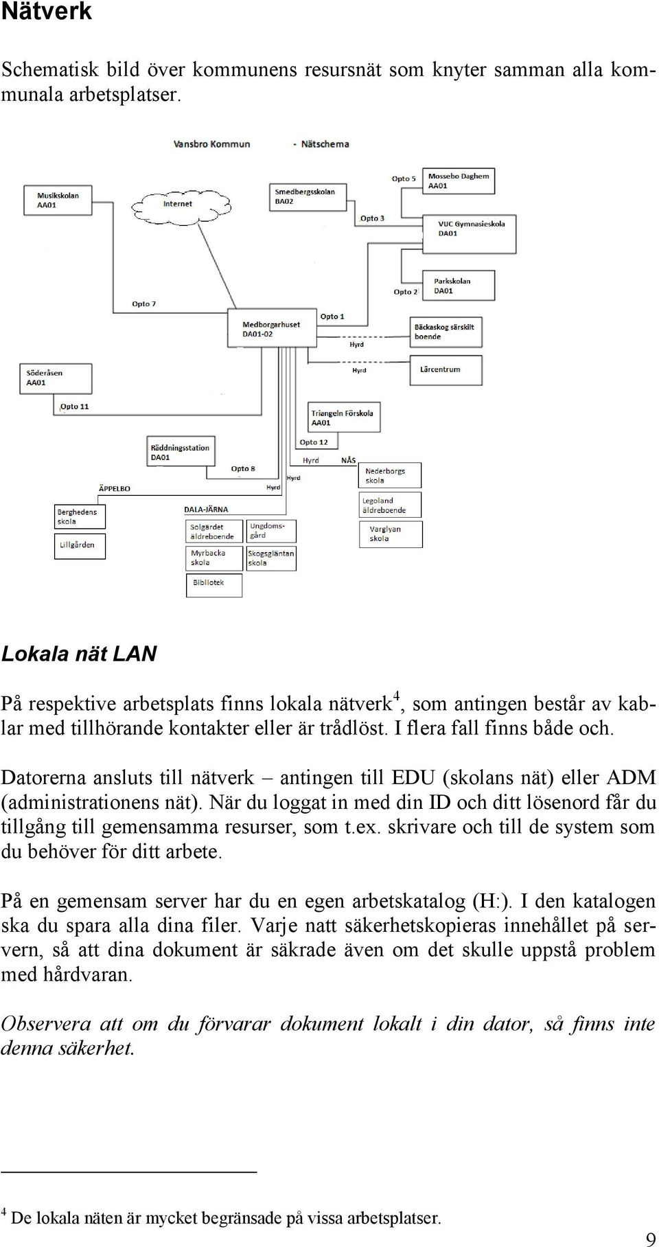 Datorerna ansluts till nätverk antingen till EDU (skolans nät) eller ADM (administrationens nät). När du loggat in med din ID och ditt lösenord får du tillgång till gemensamma resurser, som t.ex.