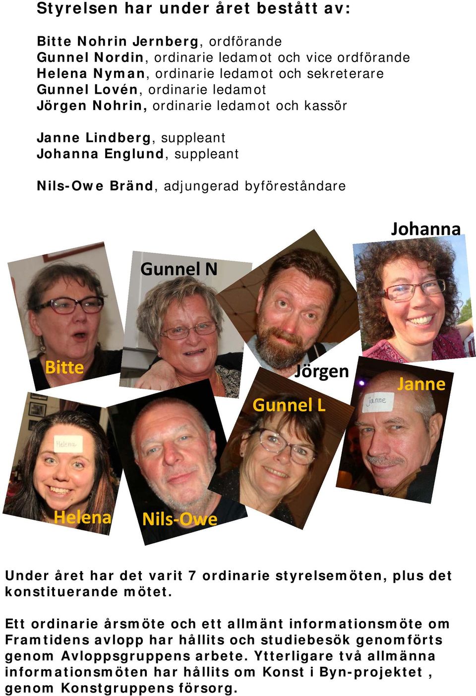 Jörgen Gunnel L Janne Helena Nils-Owe Under året har det varit 7 ordinarie styrelsemöten, plus det konstituerande mötet.