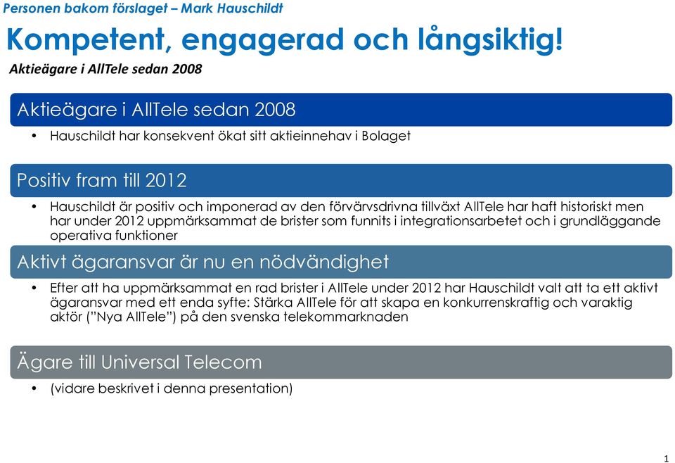 förvärvsdrivna tillväxt AllTele har haft historiskt men har under 2012 uppmärksammat de brister som funnits i integrationsarbetet och i grundläggande operativa funktioner Aktivt ägaransvar är nu en