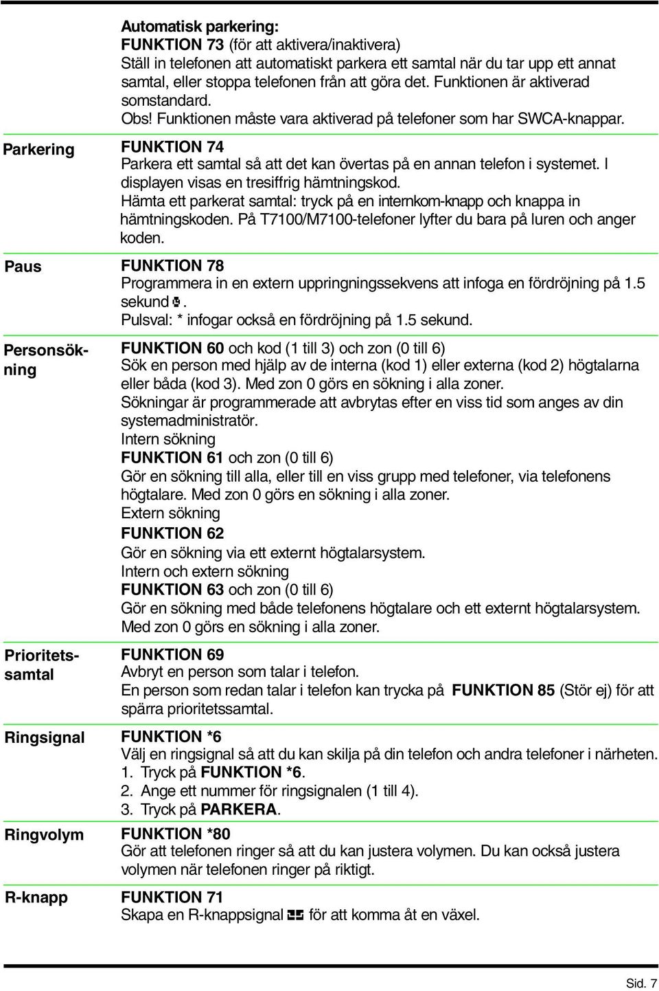 FUNKTION 74 Parkera ett samtal så att det kan övertas på en annan telefon i systemet. I displayen visas en tresiffrig hämtningskod.