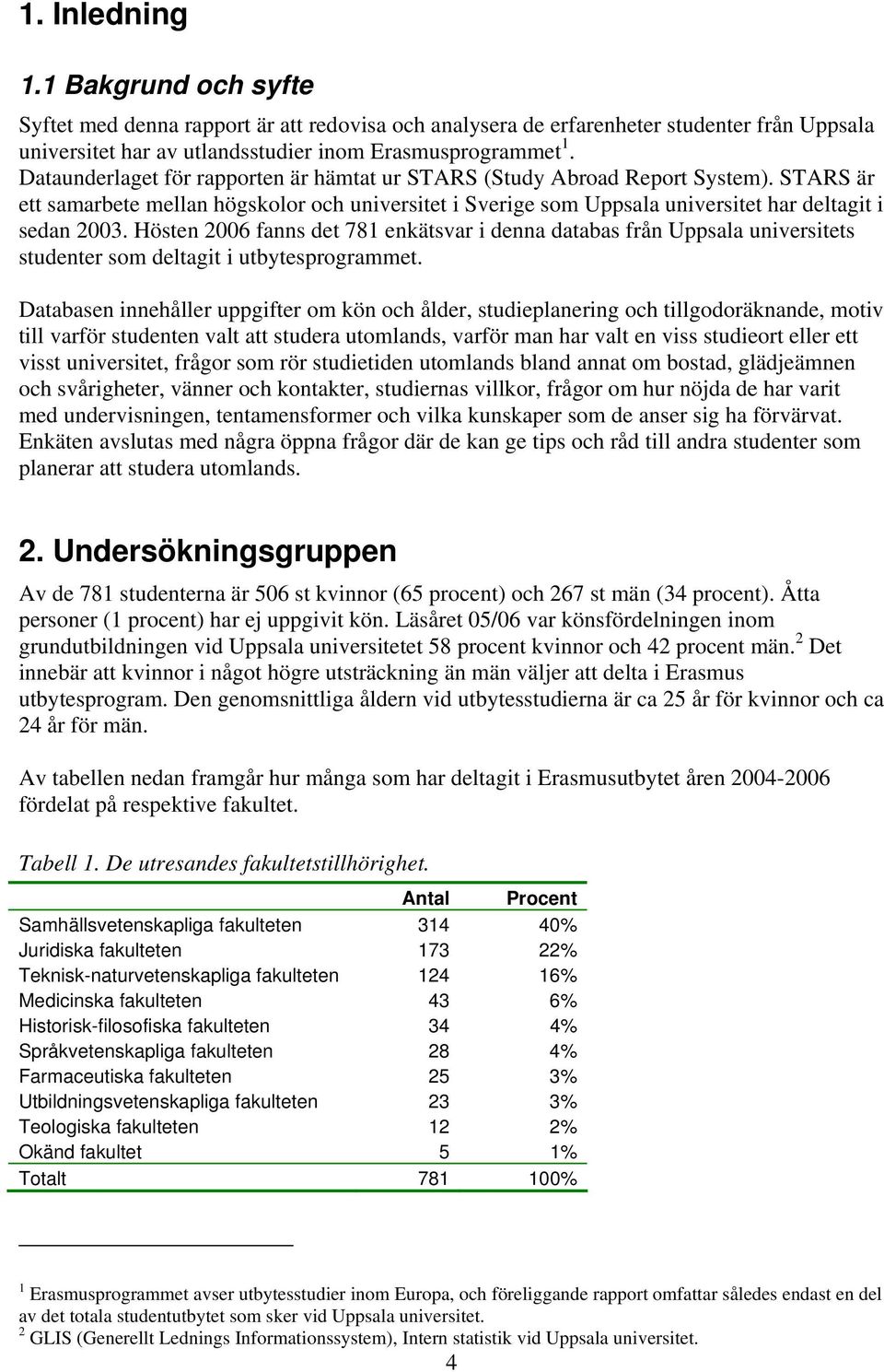 Hösten 2006 fanns det 781 enkätsvar i denna databas från Uppsala universitets studenter som deltagit i utbytesprogrammet.