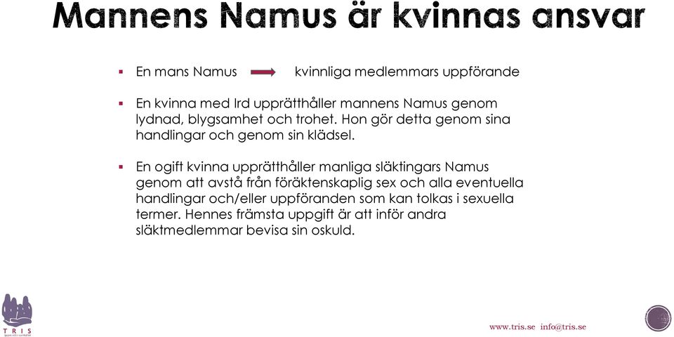 En ogift kvinna upprätthåller manliga släktingars Namus genom att avstå från föräktenskaplig sex och alla