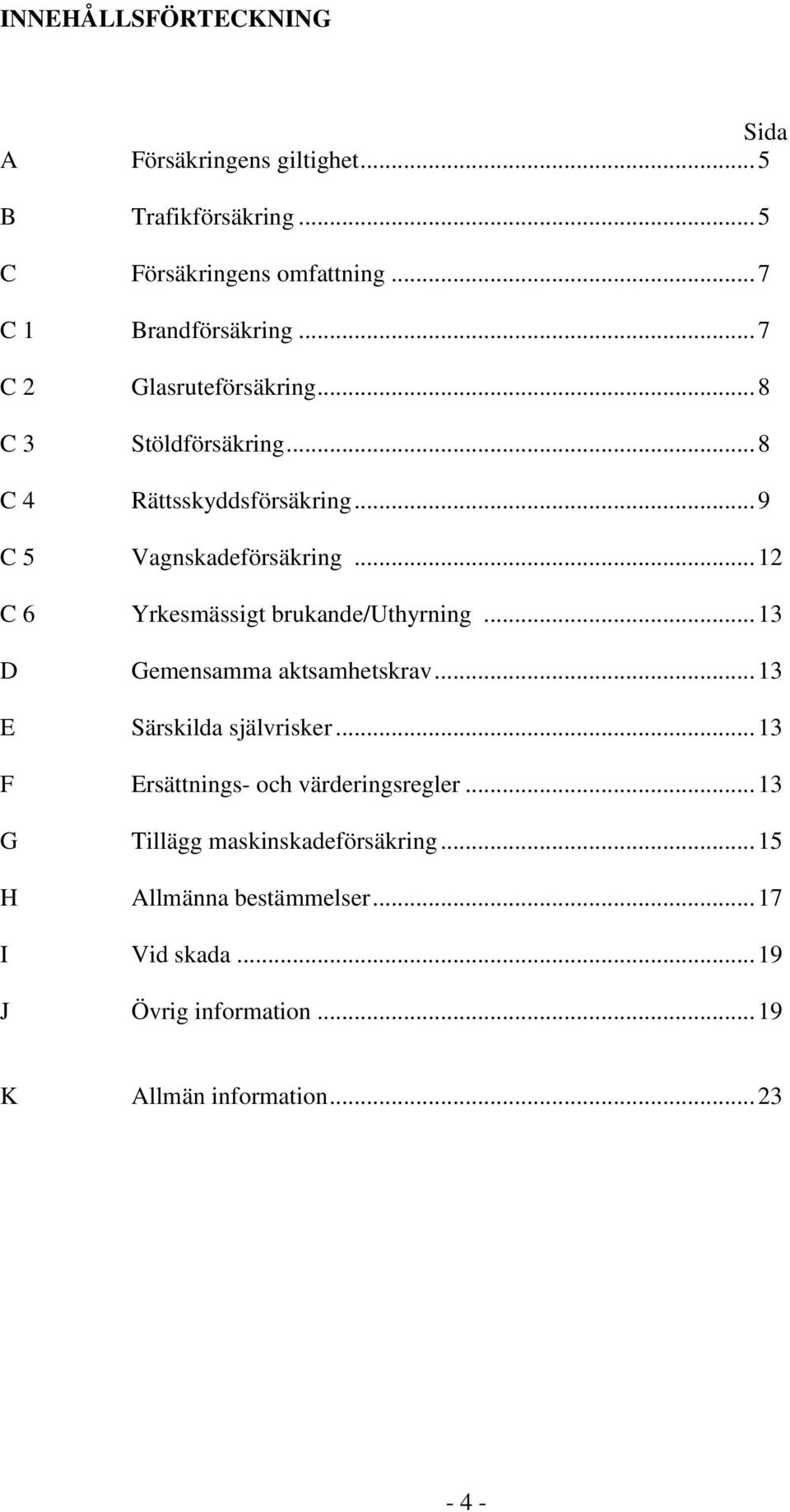 .. 12 C 6 Yrkesmässigt brukande/uthyrning... 13 D Gemensamma aktsamhetskrav... 13 E Särskilda självrisker.