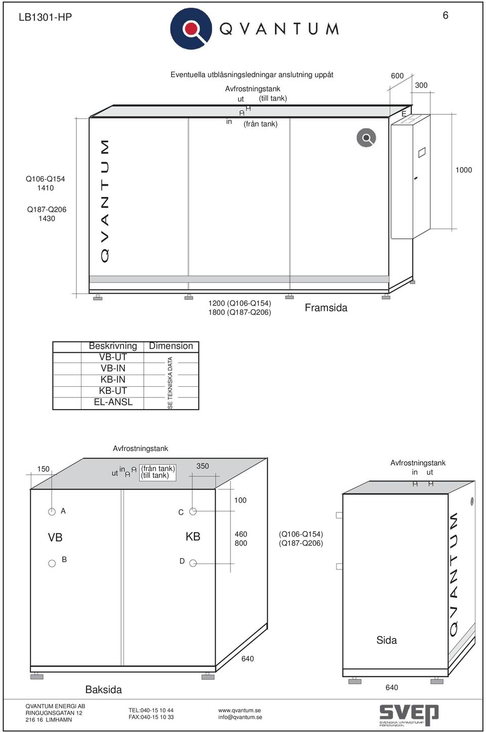 VB-UT VB-IN KB-IN KB-UT EL-ANSL Dimension SE TEKNISKA DATA Avfrostningstank 150 350 ut in (från tank)