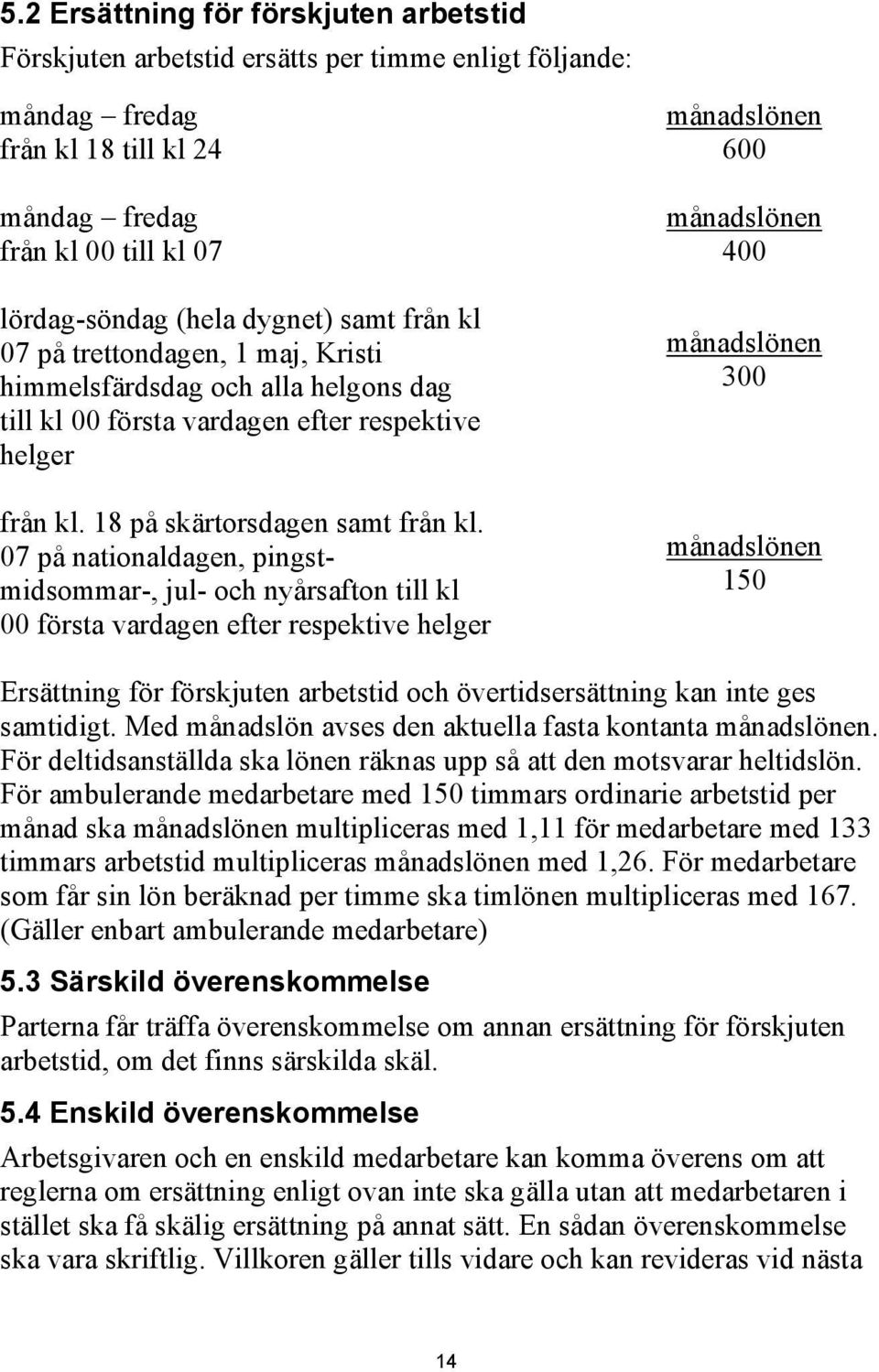 07 på nationaldagen, pingstmidsommar-, jul- och nyårsafton till kl 00 första vardagen efter respektive helger månadslönen 600 månadslönen 400 månadslönen 300 månadslönen 150 Ersättning för förskjuten