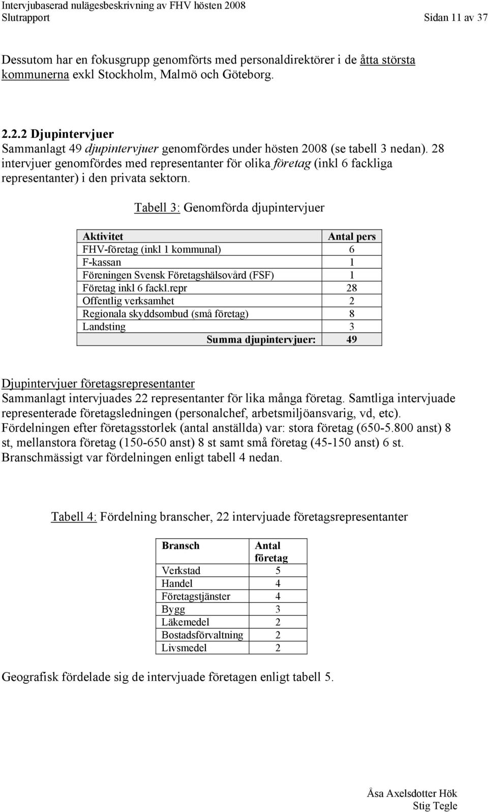 28 intervjuer genomfördes med representanter för olika företag (inkl 6 fackliga representanter) i den privata sektorn.