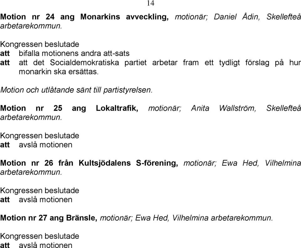 Motion och utlåtande sänt till partistyrelsen. Motion nr 25 ang Lokaltrafik, motionär; Anita Wallström, Skellefteå arbetarekommun.