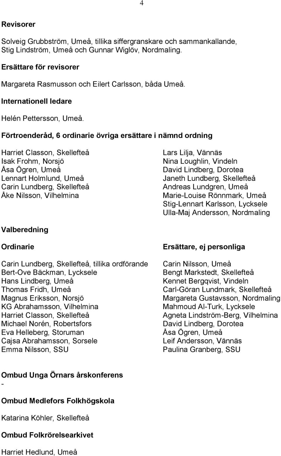 Förtroenderåd, 6 ordinarie övriga ersättare i nämnd ordning Harriet Classon, Skellefteå Isak Frohm, Norsjö Åsa Ögren, Umeå Lennart Holmlund, Umeå Carin Lundberg, Skellefteå Åke Nilsson, Vilhelmina