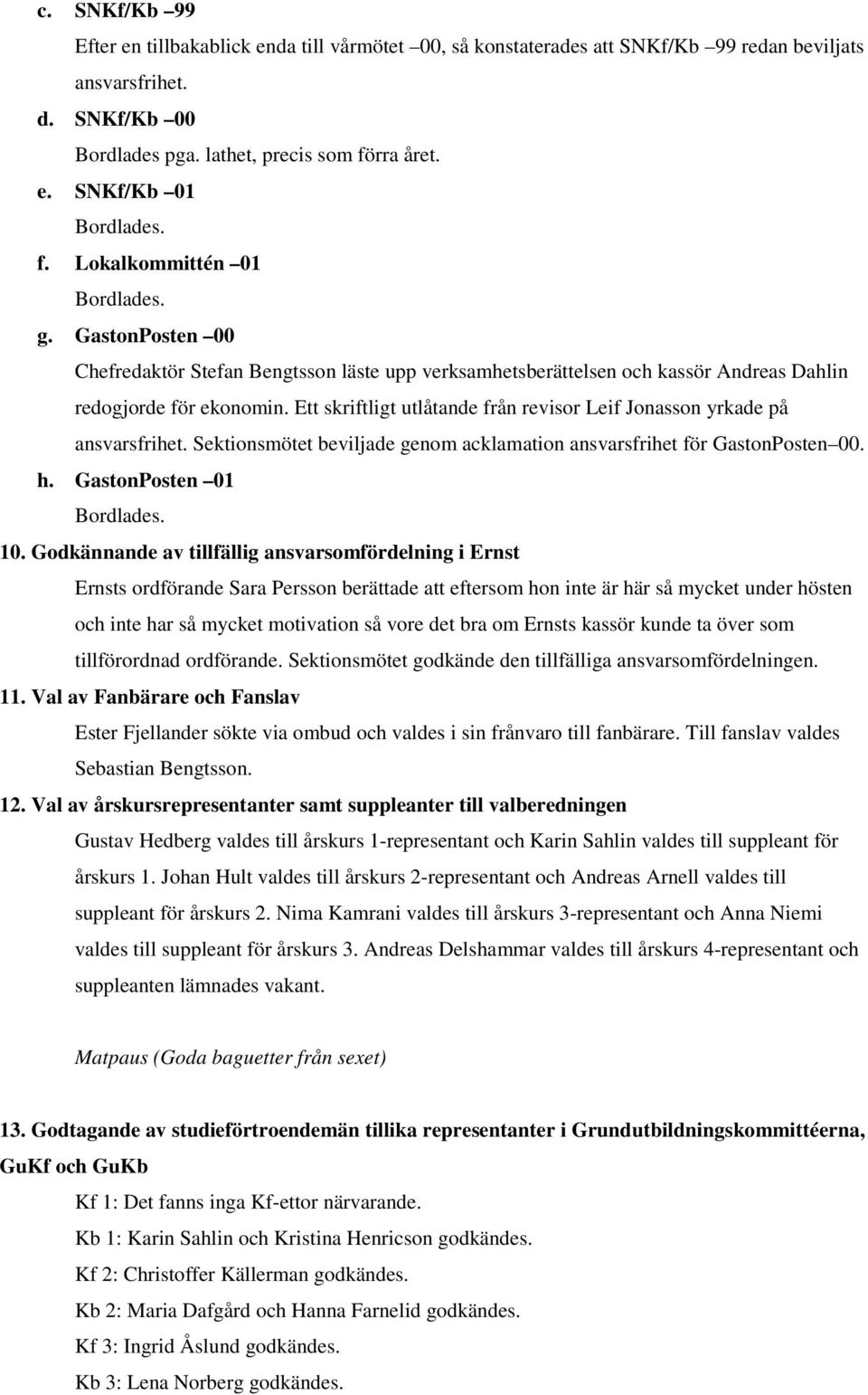 Ett skriftligt utlåtande från revisor Leif Jonasson yrkade på ansvarsfrihet. Sektionsmötet beviljade genom acklamation ansvarsfrihet för GastonPosten 00. h. GastonPosten 01 Bordlades. 10.