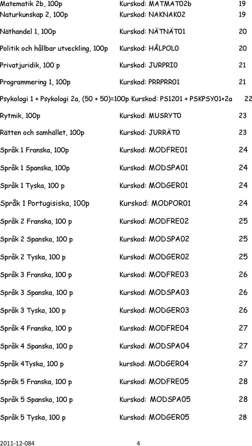 Kurskod: JURRÄT0 23 Språk 1 Franska, 100p Kurskod: MODFRE01 24 Språk 1 Spanska, 100p Kurskod: MODSPA01 24 Språk 1 Tyska, 100 p Kurskod: MODGER01 24 Språk 1 Portugisiska, 100p Kurskod: MODPOR01 24