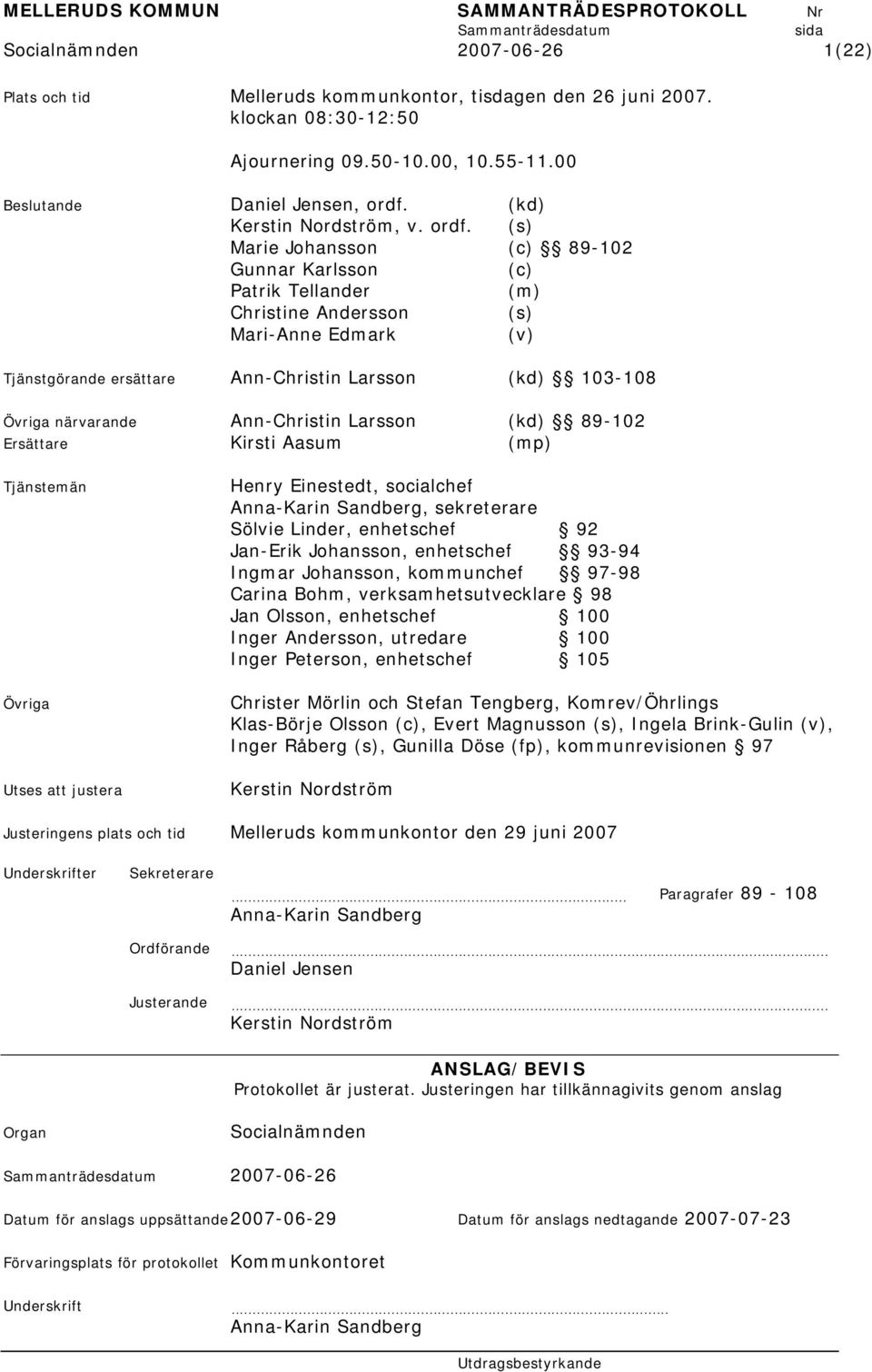 (s) Marie Johansson (c) 89-102 Gunnar Karlsson (c) Patrik Tellander (m) Christine Andersson (s) Mari-Anne Edmark (v) Tjänstgörande ersättare Ann-Christin Larsson (kd) 103-108 Övriga närvarande