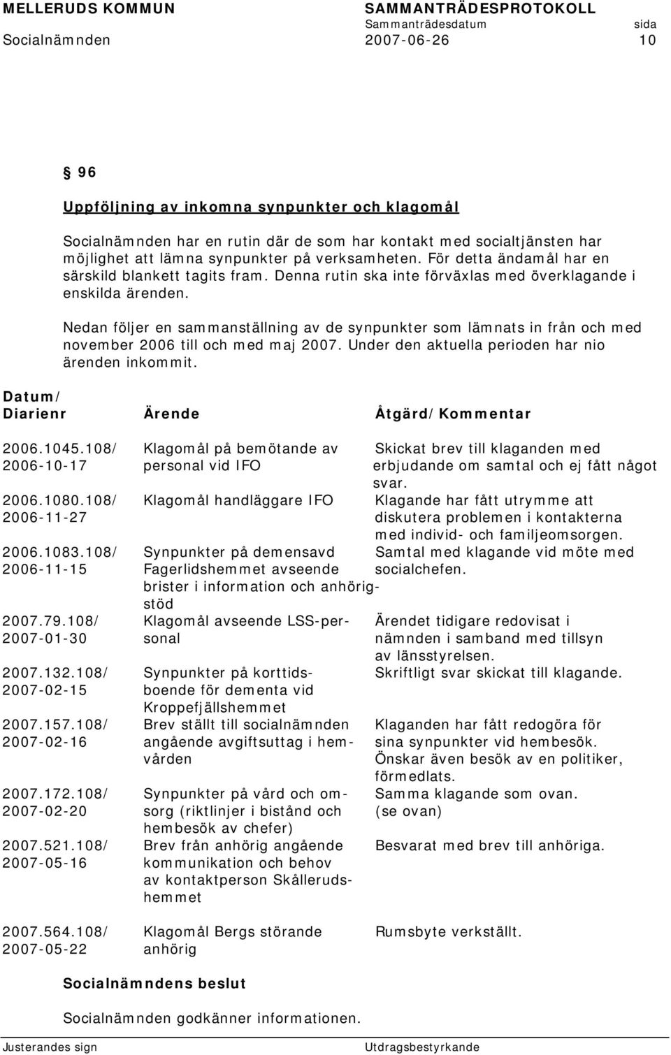 Nedan följer en sammanställning av de synpunkter som lämnats in från och med november 2006 till och med maj 2007. Under den aktuella perioden har nio ärenden inkommit.