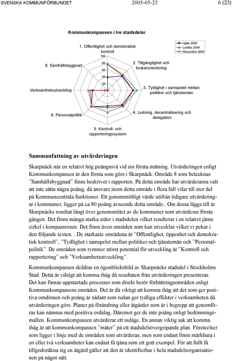 Ledning, decentralisering och delegation 5. Kontroll- och rapporteringssystem Sammanfattning av utvärderingen Skarpnäck når en relativt hög poängnivå vid sin första mätning.