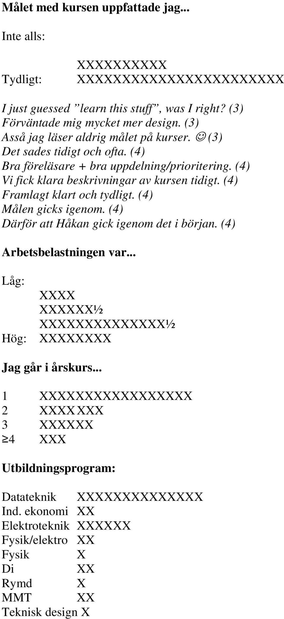 (4) Vi fick klara beskrivningar av kursen tidigt. (4) Framlagt klart och tydligt. (4) Målen gicks igenom.