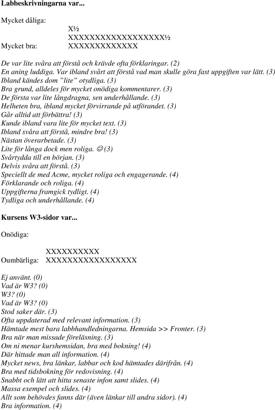 (3) De första var lite långdragna, sen underhållande. (3) Helheten bra, ibland mycket förvirrande på utförandet. (3) Går alltid att förbättra! (3) Kunde ibland vara lite för mycket text.