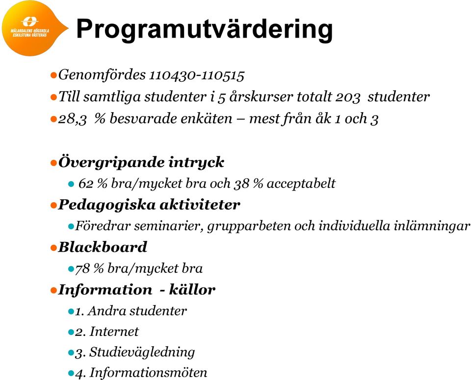 acceptabelt Pedagogiska aktiviteter Föredrar seminarier, grupparbeten och individuella inlämningar