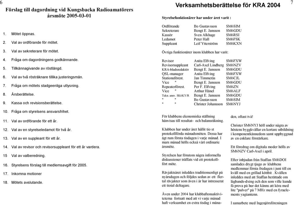 Årsberättelse. 9. Kassa och revisionsberättelse. Ordförande Bo Gustavsson SM6SIM Sekreterare Bengt E.