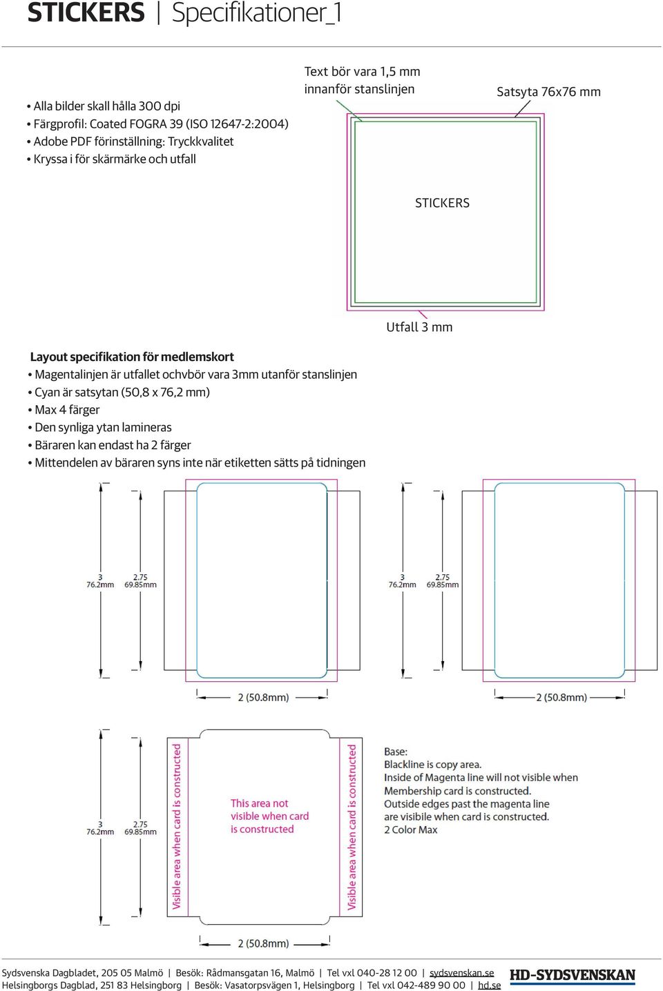 Layout specifikation för medlemskort Magentalinjen är utfallet ochvbör vara 3mm utanför stanslinjen Cyan är satsytan (50,8 x 76,2