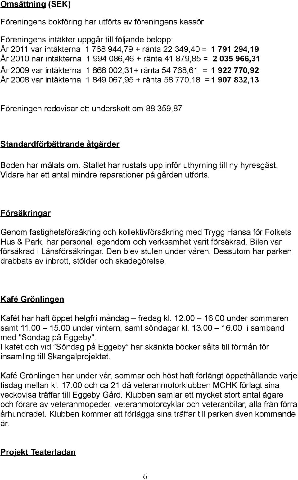 Föreningen redovisar ett underskott om 88 359,87 Standardförbättrande åtgärder Boden har målats om. Stallet har rustats upp inför uthyrning till ny hyresgäst.