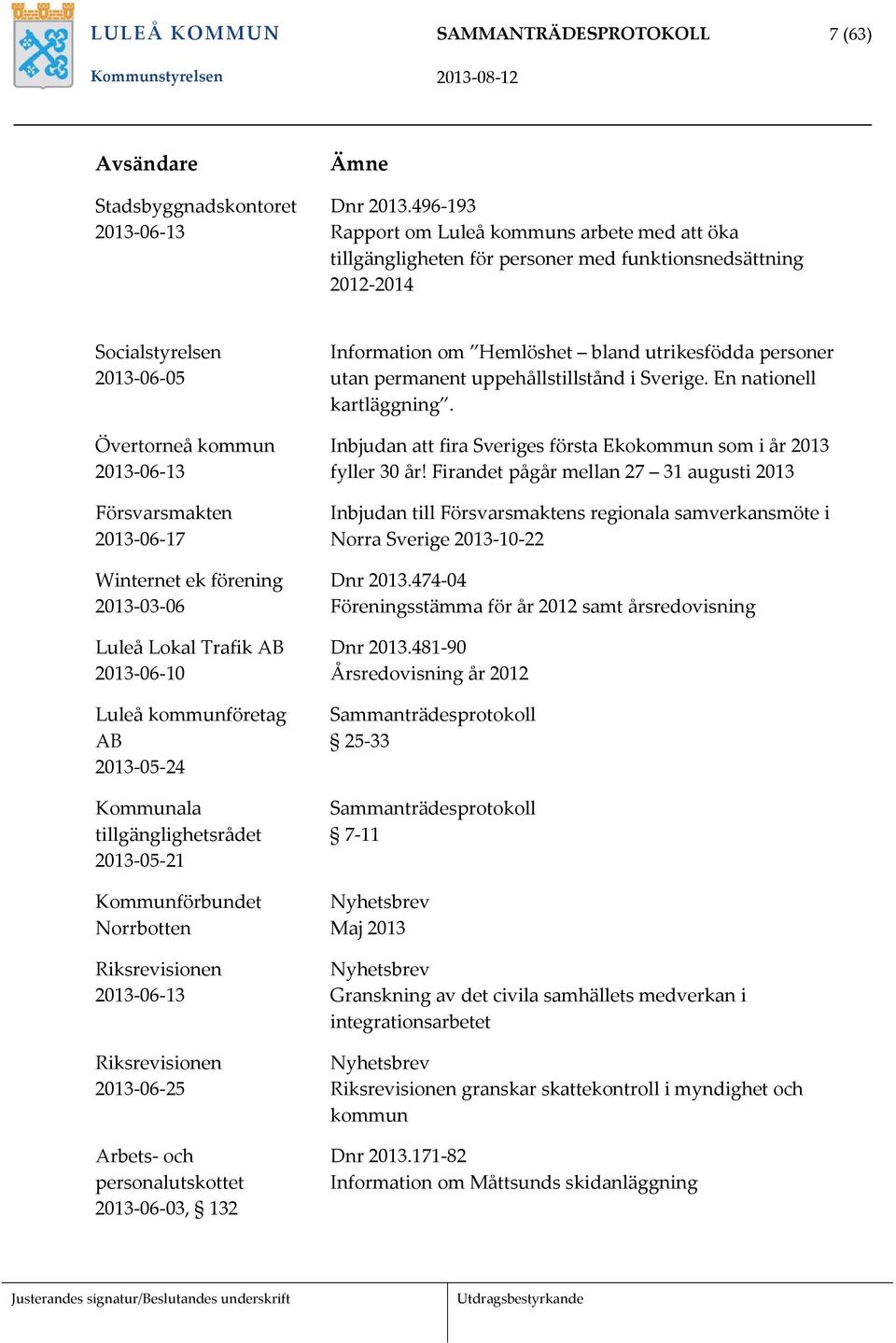 Winternet ek förening 2013 03 06 Luleå Lokal Trafik AB 2013 06 10 Luleå kommunföretag AB 2013 05 24 Kommunala tillgänglighetsrådet 2013 05 21 Kommunförbundet Norrbotten Riksrevisionen 2013 06 13