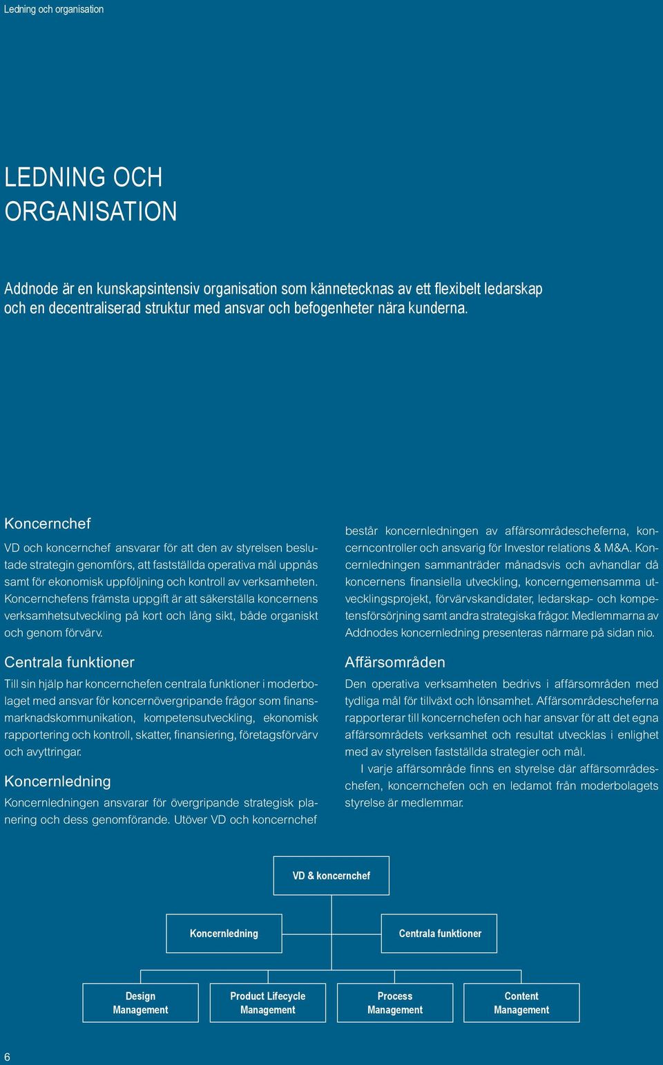 Koncernchef VD och koncernchef ansvarar för att den av styrelsen beslutade strategin genomförs, att fastställda operativa mål uppnås samt för ekonomisk uppföljning och kontroll av verksamheten.