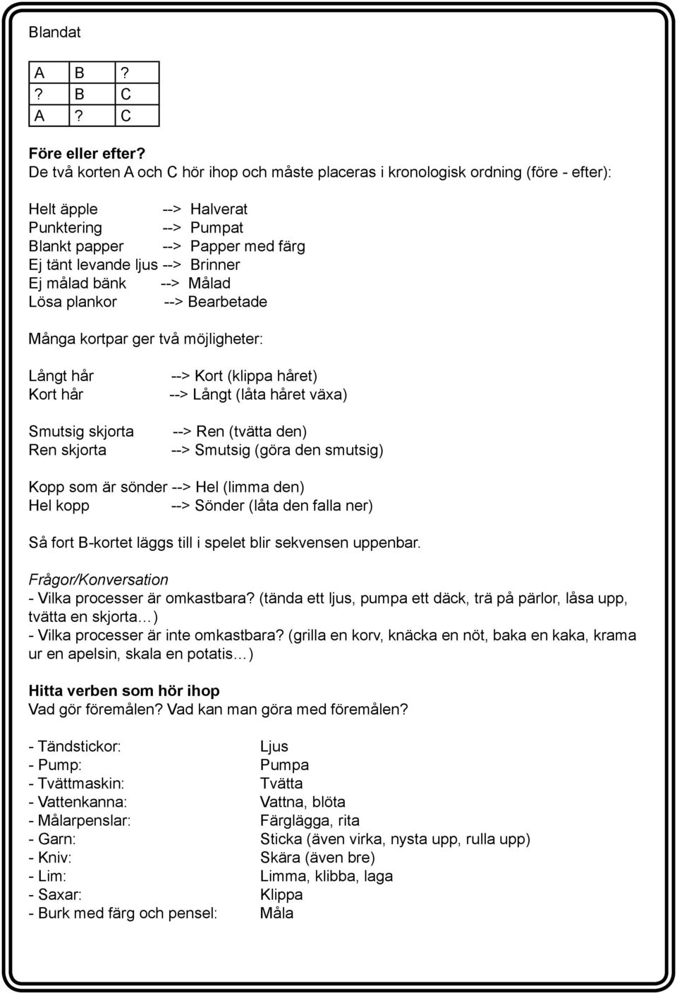 Brinner Ej målad bänk --> Målad Lösa plankor --> Bearbetade Många kortpar ger två möjligheter: Långt hår Kort hår Smutsig skjorta Ren skjorta --> Kort (klippa håret) --> Långt (låta håret växa) -->