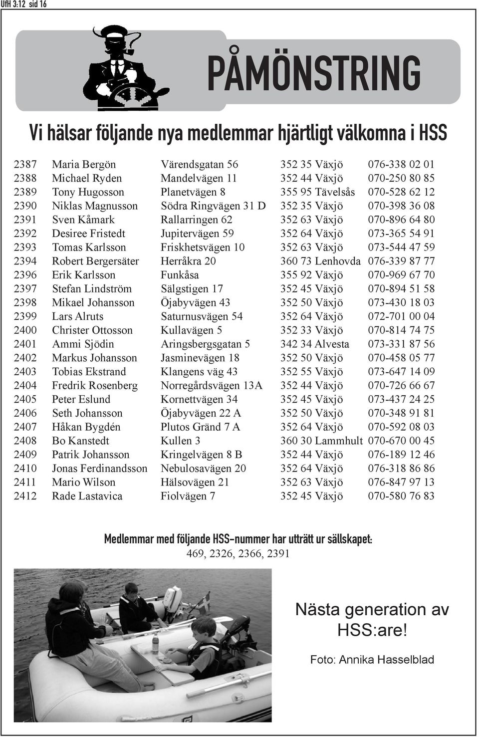Desiree Fristedt Jupitervägen 59 352 64 Växjö 073-365 54 91 2393 Tomas Karlsson Friskhetsvägen 10 352 63 Växjö 073-544 47 59 2394 Robert Bergersäter Herråkra 20 360 73 Lenhovda 076-339 87 77 2396