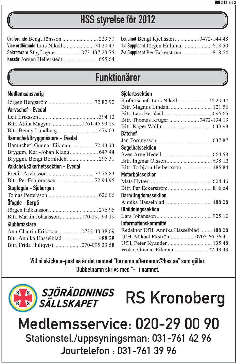 .. 72 82 92 Varvschef - Evedal Leif Eriksson... 394 12 Bitr. Attila Magyari...0761-45 93 29 Bitr. Benny Lundberg... 479 03 Hamnchef/Bryggmästare - Evedal Hamnchef: Gunnar Eikman... 72 43 33 Bryggm.