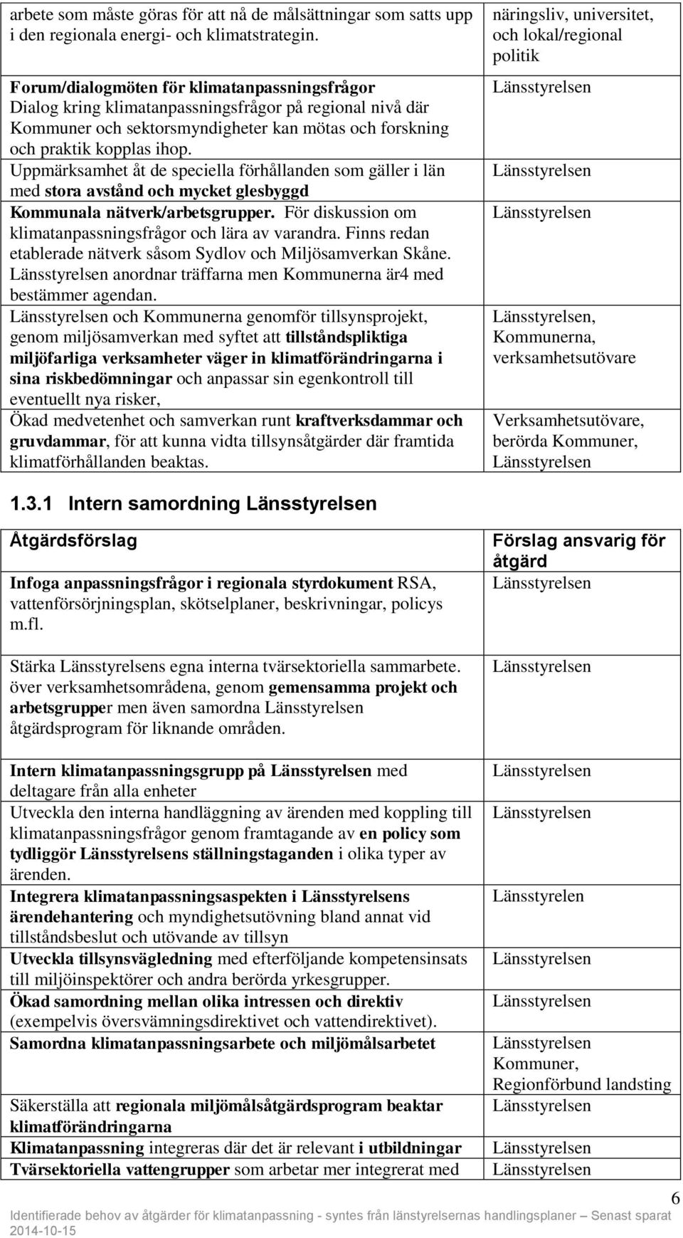 Uppmärksamhet åt de speciella förhållanden som gäller i län med stora avstånd och mycket glesbyggd Kommunala nätverk/arbetsgrupper. För diskussion om klimatanpassningsfrågor och lära av varandra.