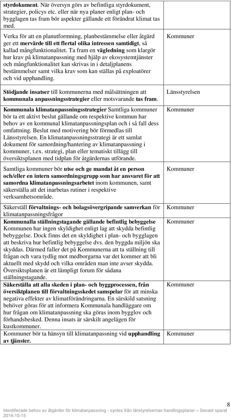 Ta fram en vägledning som klargör hur krav på klimatanpassning med hjälp av ekosystemtjänster och mångfunktionalitet kan skrivas in i detaljplanens bestämmelser samt vilka krav som kan ställas på