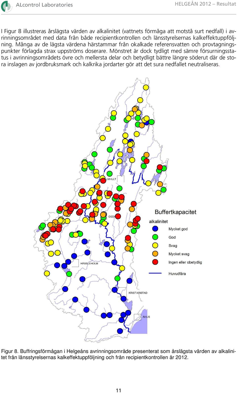 Mönstret är dock tydligt med sämre försurningsstatus i avrinningsområdets övre och mellersta delar och betydligt bättre längre söderut där de stora inslagen av jordbruksmark och kalkrika