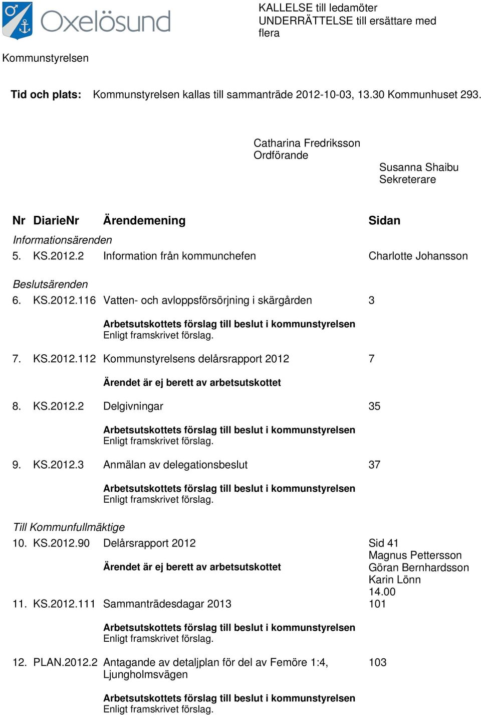 2 Information från kommunchefen Charlotte Johansson Beslutsärenden 6. KS.2012.