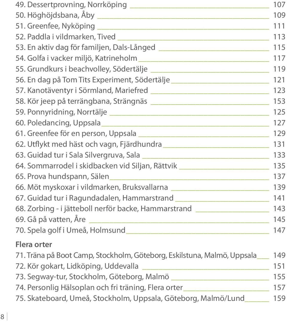 Kör jeep på terrängbana, Strängnäs 153 59. Ponnyridning, Norrtälje 125 60. Poledancing, Uppsala 127 61. Greenfee för en person, Uppsala 129 62. Utflykt med häst och vagn, Fjärdhundra 131 63.