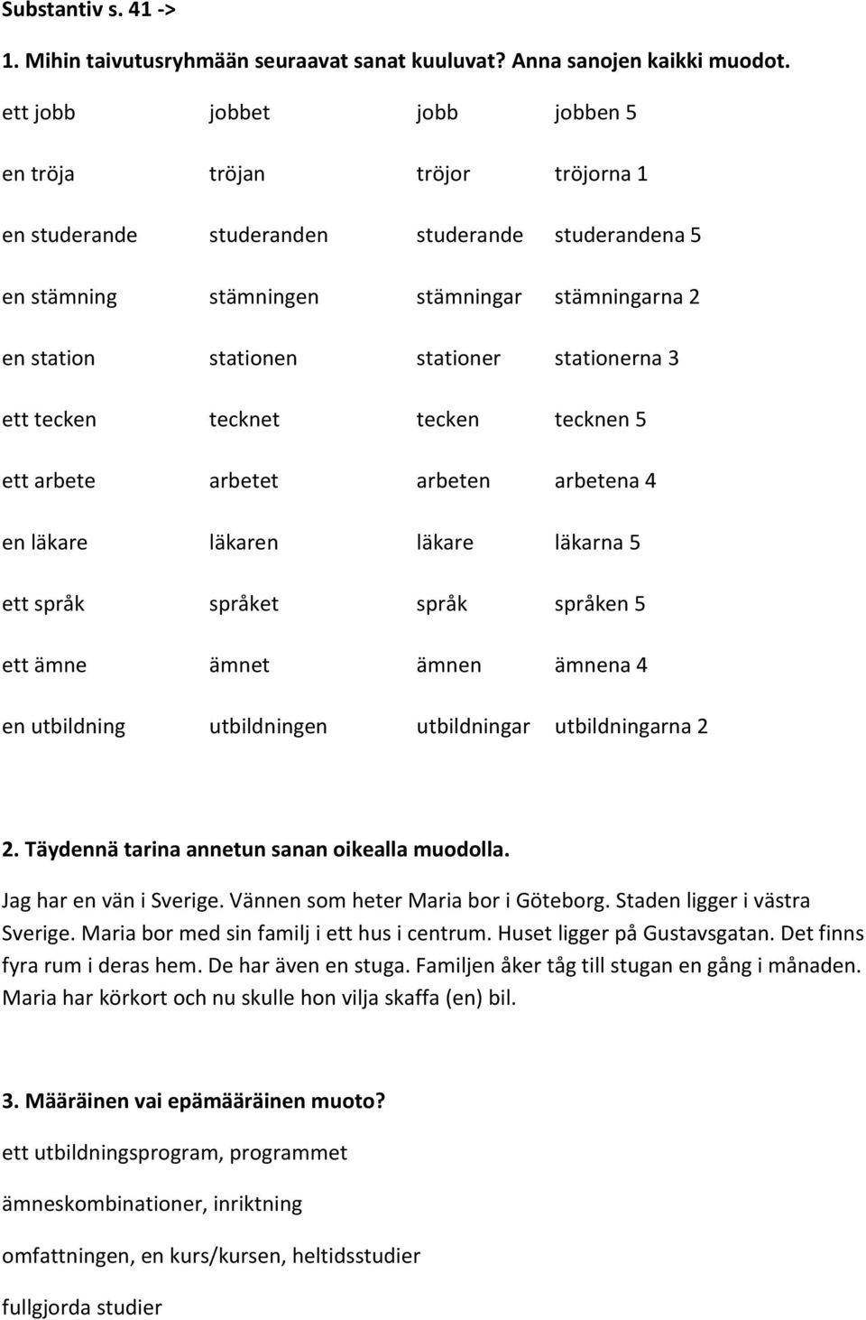 stationerna 3 ett tecken tecknet tecken tecknen 5 ett arbete arbetet arbeten arbetena 4 en läkare läkaren läkare läkarna 5 ett språk språket språk språken 5 ett ämne ämnet ämnen ämnena 4 en