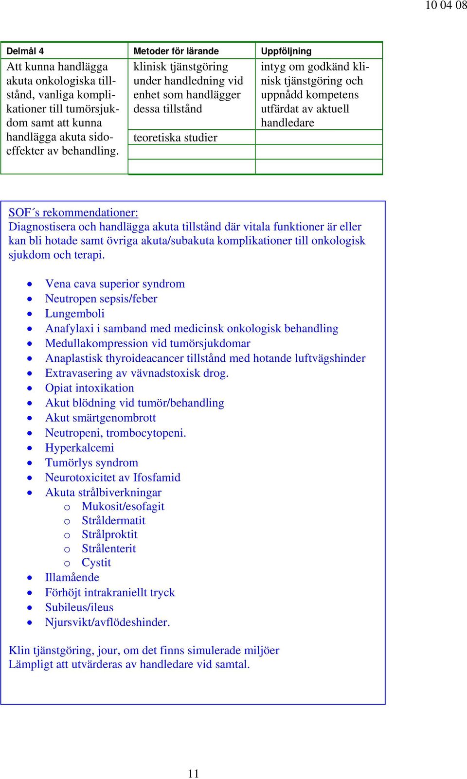 Vena cava superior syndrom Neutropen sepsis/feber Lungemboli Anafylaxi i samband med medicinsk onkologisk behandling Medullakompression vid tumörsjukdomar Anaplastisk thyroideacancer tillstånd med