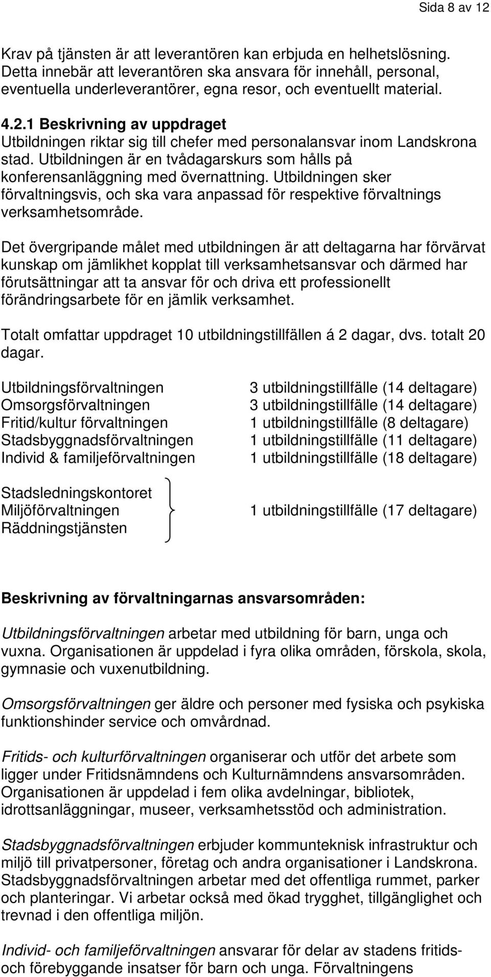 1 Beskrivning av uppdraget Utbildningen riktar sig till chefer med personalansvar inom Landskrona stad. Utbildningen är en tvådagarskurs som hålls på konferensanläggning med övernattning.