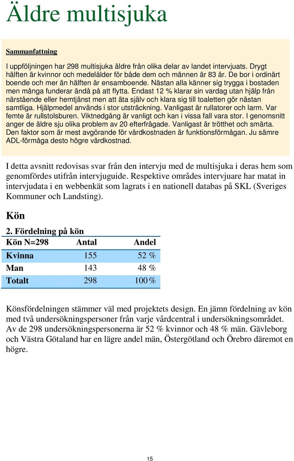 Endast 12 % klarar sin vardag utan hjälp från närstående eller hemtjänst men att äta själv och klara sig till toaletten gör nästan samtliga. Hjälpmedel används i stor utsträckning.