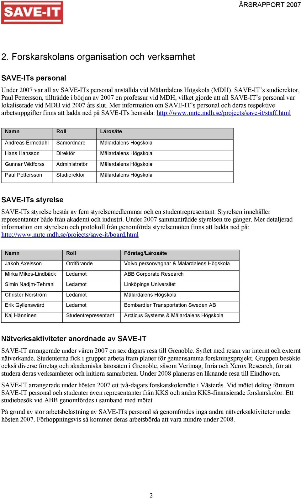 Mer information om SAVE-IT s personal och deras respektive arbetsuppgifter finns att ladda ned på SAVE-ITs hemsida: http://www.mrtc.mdh.se/projects/save-it/staff.