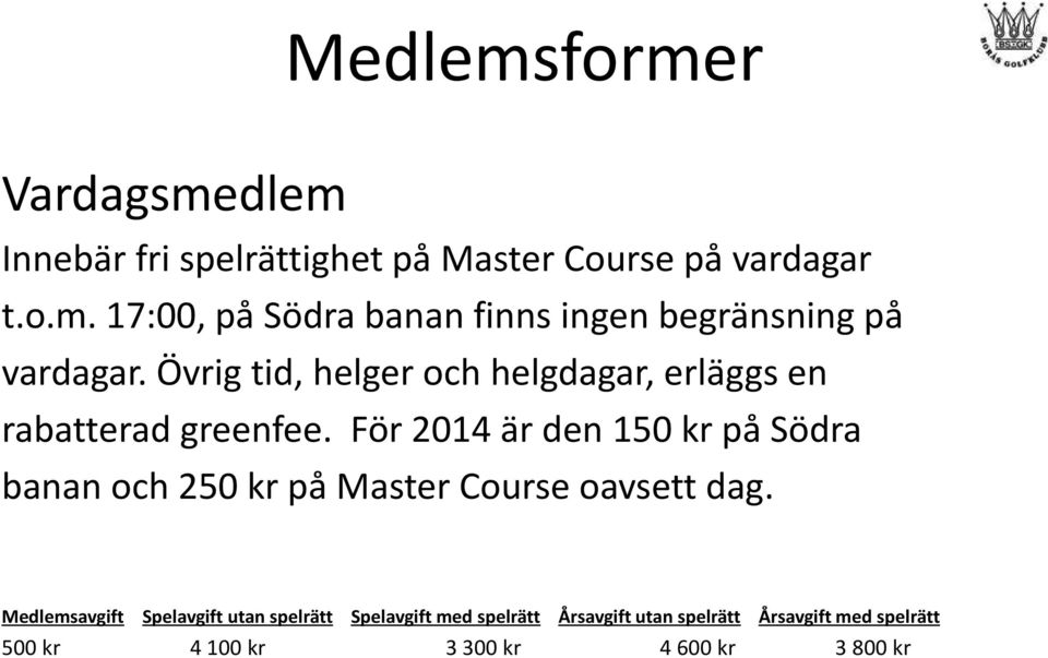 För 2014 är den 150 kr på Södra banan och 250 kr på Master Course oavsett dag.