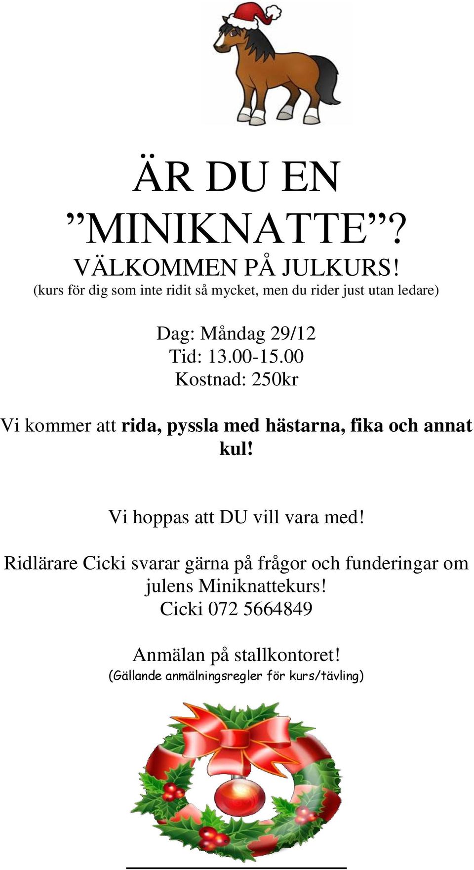 13.00-15.00 Kostnad: 250kr Vi kommer att rida, pyssla med hästarna, fika och annat kul!