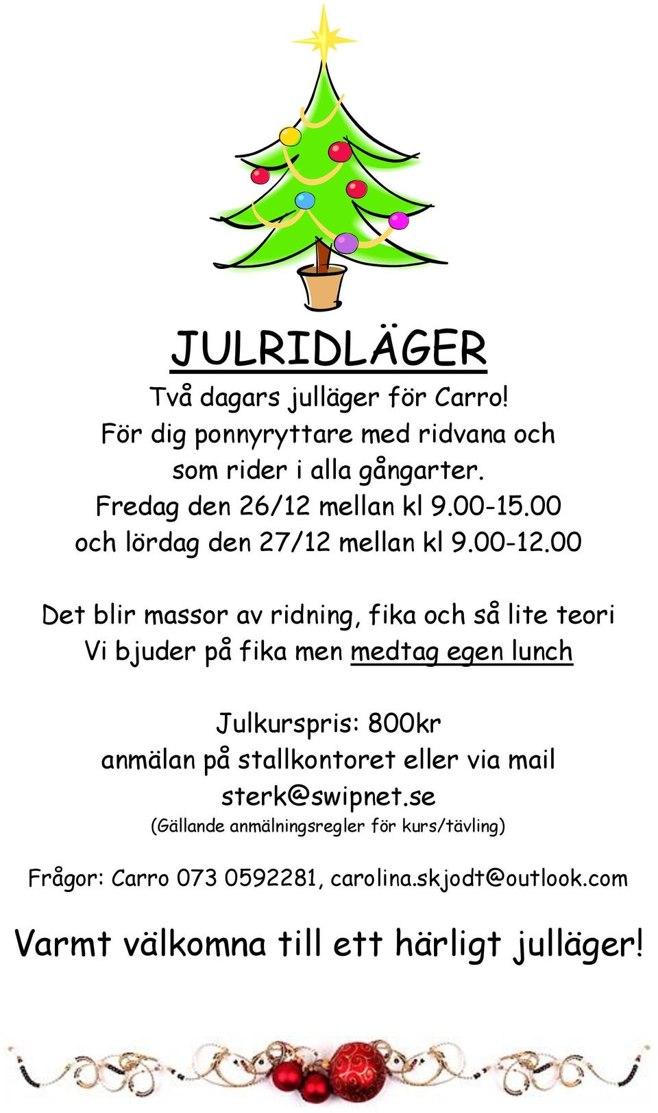 00 Det blir massor av ridning, fika och så lite teori Vi bjuder på fika men medtag egen lunch Julkurspris: 800kr